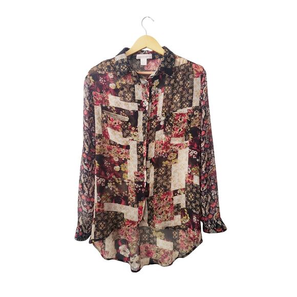 Band Of Gypsies Sheer Mixed Floral Print Boho Button Up Size Small - Picture 1 of 7